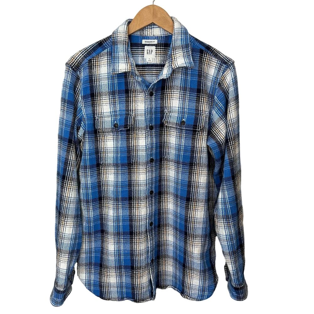 Gap‎ Chore Shirt Shacket Mens Medium Plaid Blue Standard Fit Pockets Heavy Duty